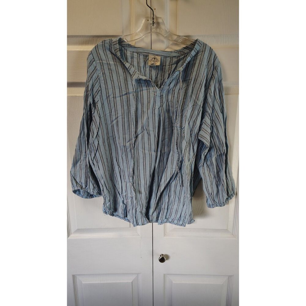 St. John's Bay Light Blue Vertical Striped Henley Peasant Blouse - Size XL